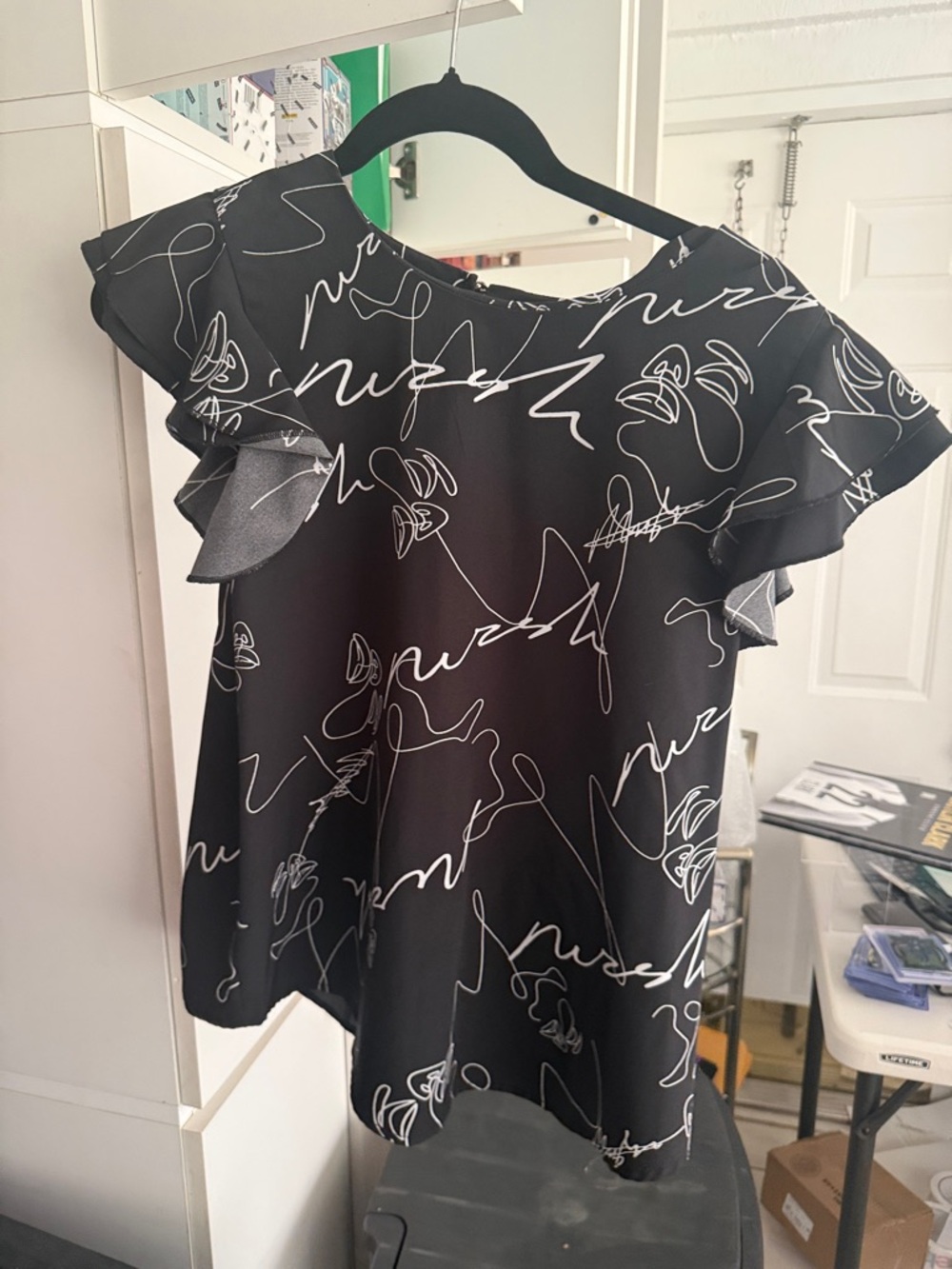 Black Script-Print Flutter Sleeve Top